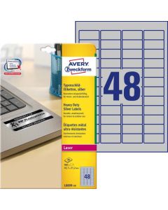 Etykiety znamionowe L6009-20 45,7 x 21,2 20ark srebrne, poliestrowe, Avery Zweckform